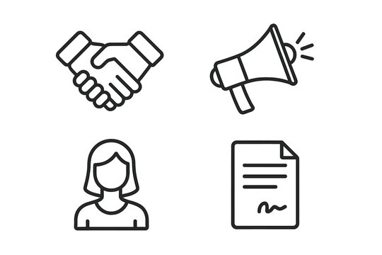 Influencer collaboration outline icon set – partnership handshake, marketing megaphone, female creator avatar, signed contract, social media brand endorsement vector illustration