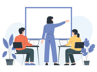 Vector illustration of a business presentation with a woman presenting to two colleagues in a modern office