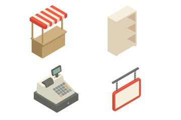 Isometric retail kiosk icons with market stall counter, pop-up booth, shelving unit, vintage cash register till, blank hanging store sign. Vector for e-commerce POS design
