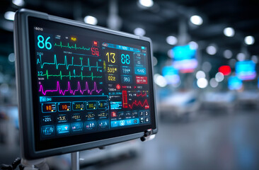 Fototapeta premium Electrocardiogram on monitor screen in modern hospital. Health care and medical concept