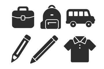 Solid glyph icons of kids morning routine essentials: lunchbox, backpack, school bus, pencils, uniform shirt. Back to school supplies, education vector on transparent background