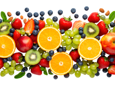 Fresh Fruits and Berries Banner on White Background 