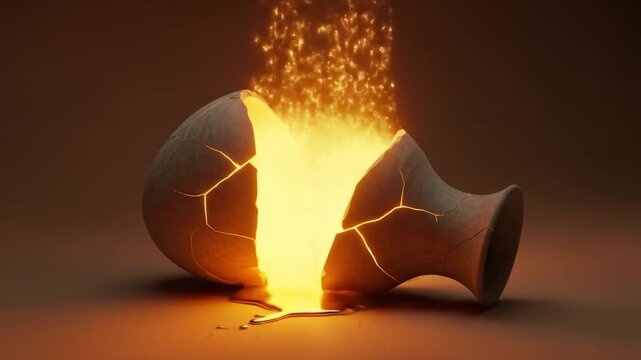 Glowing Cracked Ceramic Vase Emits Warm Light, Symbolizing Resilience and Transformation