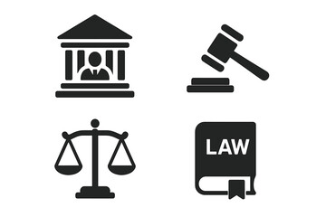 Solid black courthouse judge silhouette, gavel hammer strike, justice scales and law book icons set. Flat legal symbol bundle for courtroom, legislation, government, law firm design