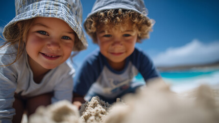 Children building sandcastles on sunny beach, carefree summer fun with bright blue ocean backdrop