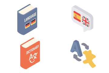 Obraz premium Isometric language learning and translation icon set featuring textbooks, dictionary, bubble with Spanish and UK flags, exchange arrows, vector illustration on transparent background