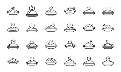 Line Art Food Icon Bundle – Bacon, Broccoli, Tacos, Cabbage, Carrot, Drumstick, Seafood, Fruits, Asian Noodles, Pancakes, Donuts, Lettuce, and Snack Outline Collection