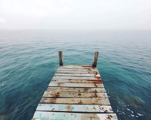 A weathered wooden pier extends into a serene ocean of water