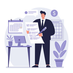 Fototapeta premium Man in suit reviews checklist in office setting with desk computer and plants