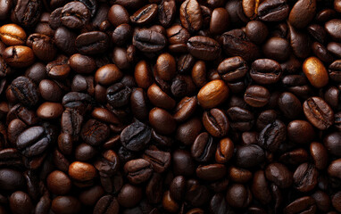 Rich, dark roasted coffee beans fill the frame, creating a captivating texture and aroma.