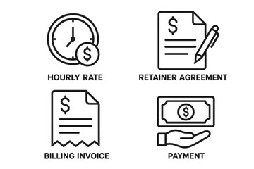 Legal fees and billing outline icons set – hourly rate clock, lawyer retainer agreement contract, attorney billing invoice receipt, hand receiving cash payment, line art vector
