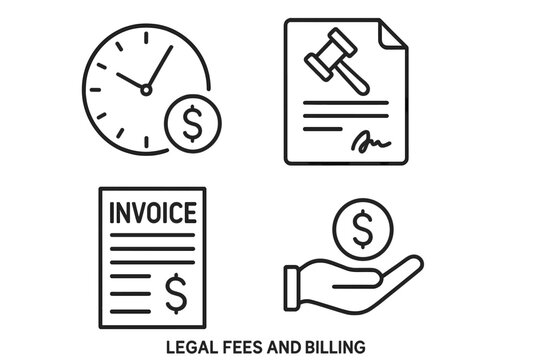 Law firm outline icons set: hourly billing clock with dollar symbol, attorney retainer agreement document, legal invoice, hand holding payment coin, legal fees and billing vector
