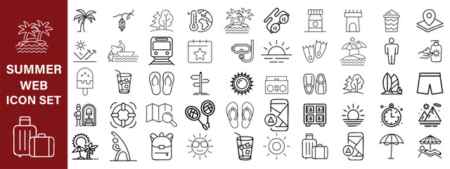 Summer set of web icons in line style. Summer vacation icons for web and mobile app. Travel, beach, tourism, summer holidays, hotel, relax, beach, luggage, passport, sunglasses. Vector illustration