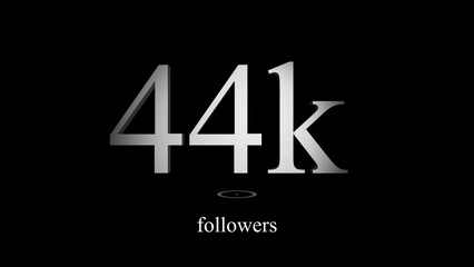 Social media milestone achievement celebrating forty four thousand followers online on a black background