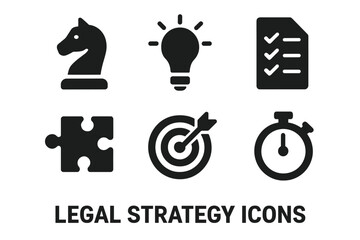 Legal strategy icon set – solid glyph symbols: chess knight tactic, lightbulb idea, checklist document, puzzle piece solution, target aim, stopwatch deadline, law planning