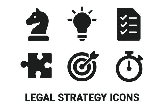 Legal strategy icon set – solid glyph symbols: chess knight tactic, lightbulb idea, checklist document, puzzle piece solution, target aim, stopwatch deadline, law planning