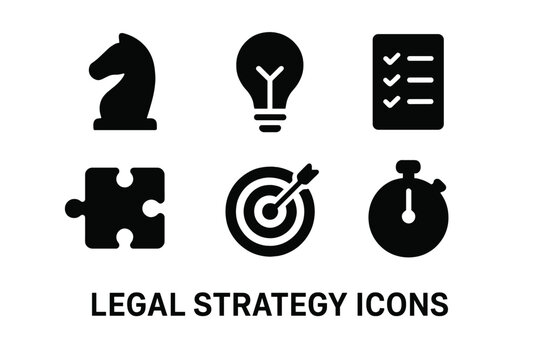 Legal strategy icon set. Solid chess knight, idea lightbulb, task checklist, jigsaw puzzle piece, bullseye dart target, stopwatch pictograms for business planning, law firm branding