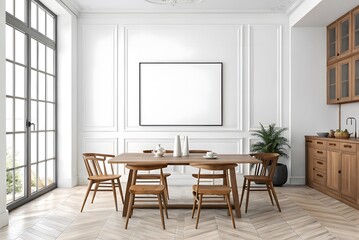 A bright dining room with a wooden table chairs and a large window and a blank frame on the wall