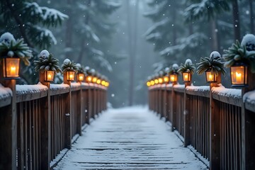 Snowy wooden bridge with lanterns in forest winter