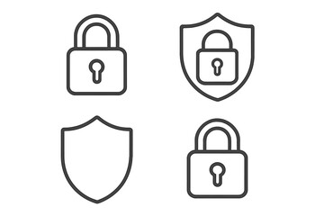 Padlock and shield line icon set for cybersecurity. Privacy protection, data safety, secure access, web security symbols. Linear outline style vector illustration for UI and apps.