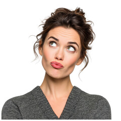 beautiful woman with curious and tilted head expression, trendy work-from-home outfit and subtle makeup, on isolated transparent background