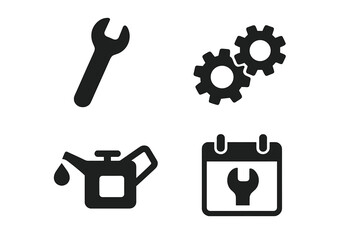 Solid black maintenance icons: wrench, gear cogs, oil can, calendar schedule. Flat glyph pictogram for mechanic repair, industrial engineering vector on transparent background