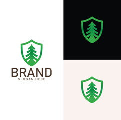 Eco Shield Logo Design and Green Pine Tree and Shield Icon for Forestry, Nature Protection