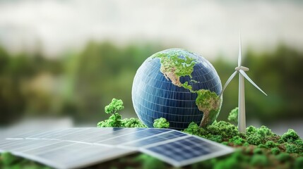 Miniature Earth globe with solar panel and wind turbine on green moss.