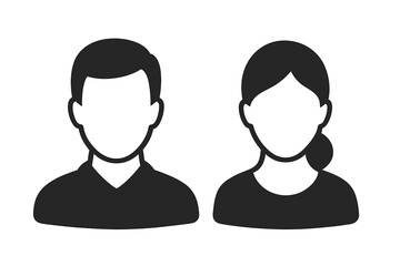 Male and female avatar icon set, user profile silhouette pictogram, anonymous person symbol, flat man and woman head outline, gender neutral account placeholder, login UI illustration
