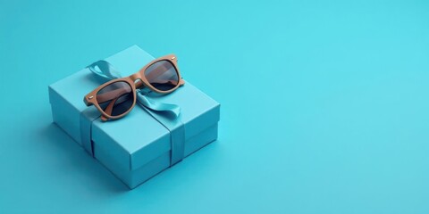 A light blue gift box with a satin ribbon and stylish sunglasses rests on a matching background