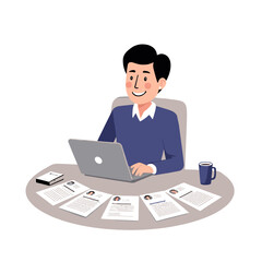 A man at a desk uses a laptop amid resumes and a mug
