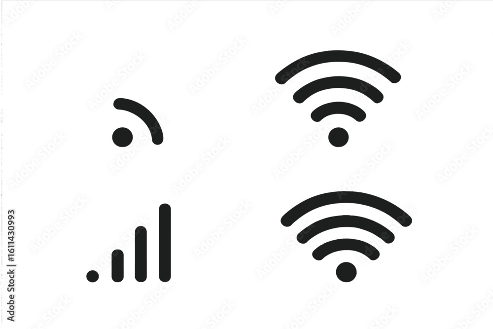 Poster wifi and cellular signal strength icon set, minimalist flat vector glyphs showing full, medium and w