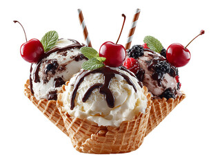 A tempting trio of ice cream cones, each adorned with cherries, chocolate drizzle, and fresh mint, isolated on transparent background