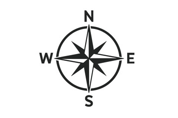 Windrose compass icon vector illustration. Eight-point nautical navigation star with north south east west initials, black silhouette emblem, marine direction symbol map design.