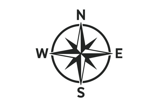 Windrose compass icon vector illustration. Eight-point nautical navigation star with north south east west initials, black silhouette emblem, marine direction symbol map design. - Powered by Adobe