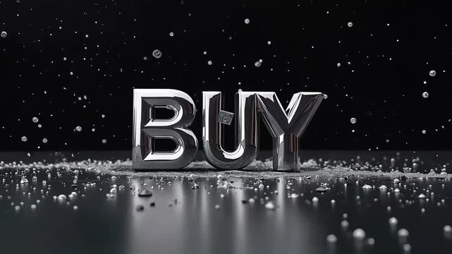 Metallic &ldquo;BUY&rdquo; text with a glossy, futuristic look &mdash; ideal for tech-themed ads, shopping videos, or online purchase call-to-actions.