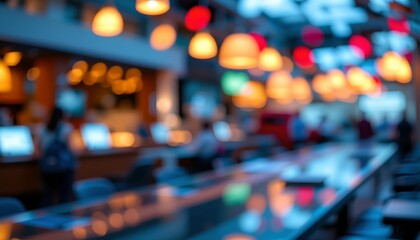 an indoor setting, featuring a restaurant interior with tables and chairs visible