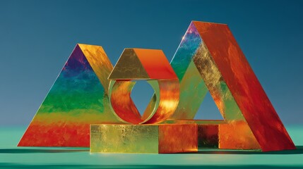 Colorful Metallic Geometric Shapes on Green Surface Under Blue Sky