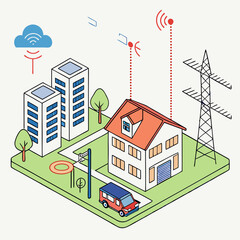 Isometric Illustration Smart Home and City Network