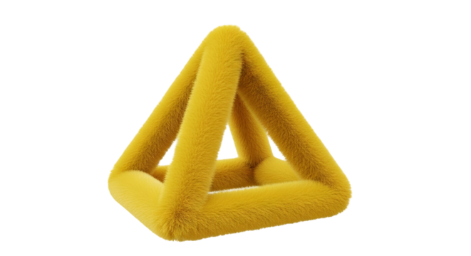 Vibrant fuzzy yellow geometric prism creates playful abstract art, perfect for modern design and creative projects