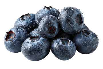 A pile of fresh blueberries isolated on transparent background, covered in water droplets, showcasing their vibrant color and natural texture