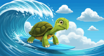 Cartoon illustration of a cheerful turtle surfing a wave under a sunny sky