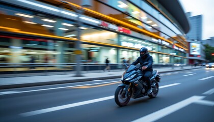 Obraz premium a dynamic urban scene with a motorcyclist in motion on a city street