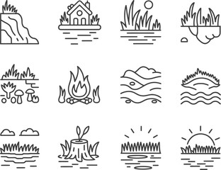 Collection of hand drawn nature and outdoor scene icons