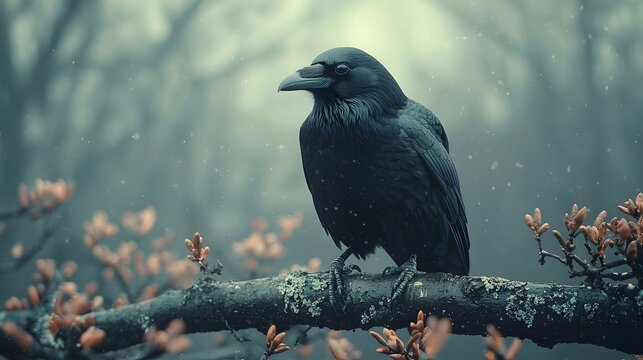 Solitary crow perched on a barren branch watching over the gloomy forest