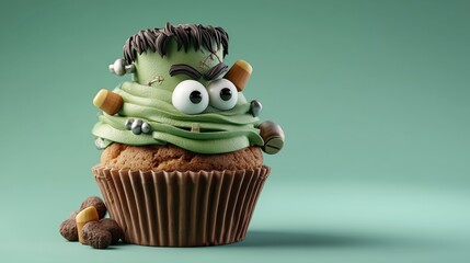 Cupcake with green frosting styled as Frankenstein face, candy eyes, chocolate hair, small bolt candies on sides, fun Halloween dessert, isolated on green background