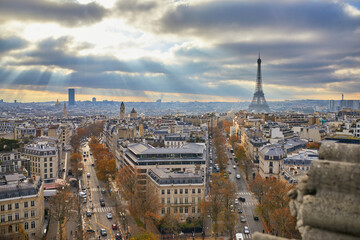 Aerial panoramic cityscape view of Paris, France with the Eiffel tower.