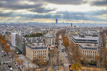Fototapeta premium Aerial panoramic cityscape view of Paris, France on a fall day.