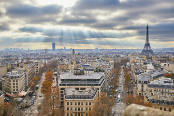 Aerial panoramic cityscape view of Paris, France with the Eiffel tower.