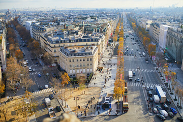 Aerial panoramic cityscape view of Paris, France with Champs Elysees street.